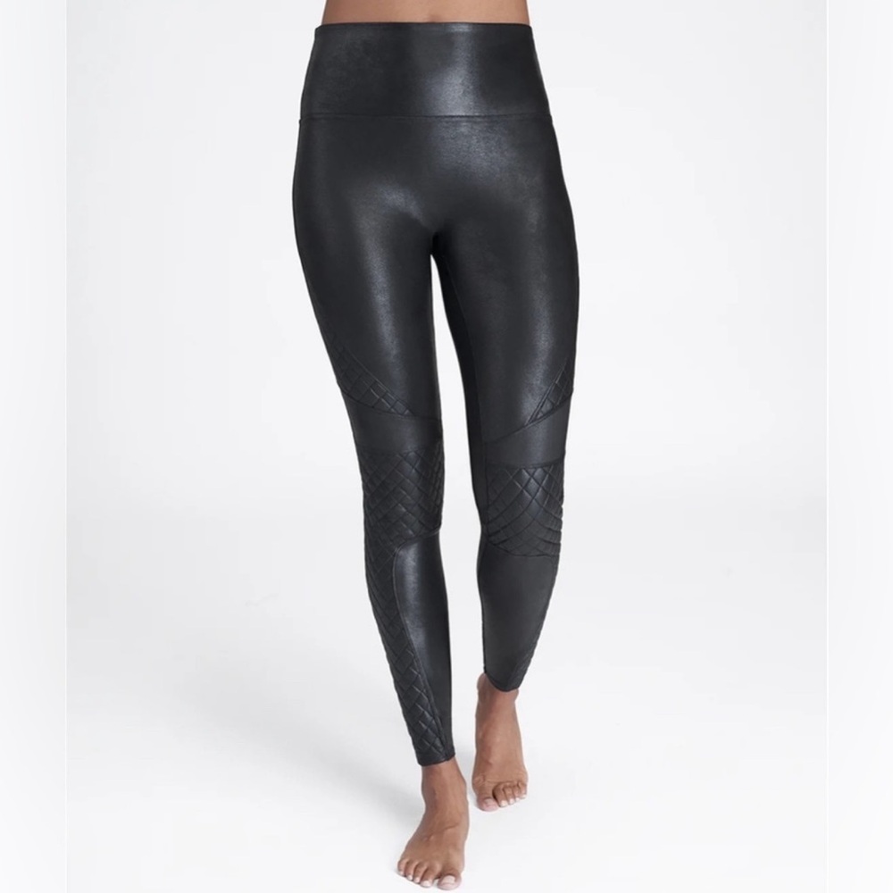 Spanx Faux Leather Quilted Moto high waisted black leggings size medium